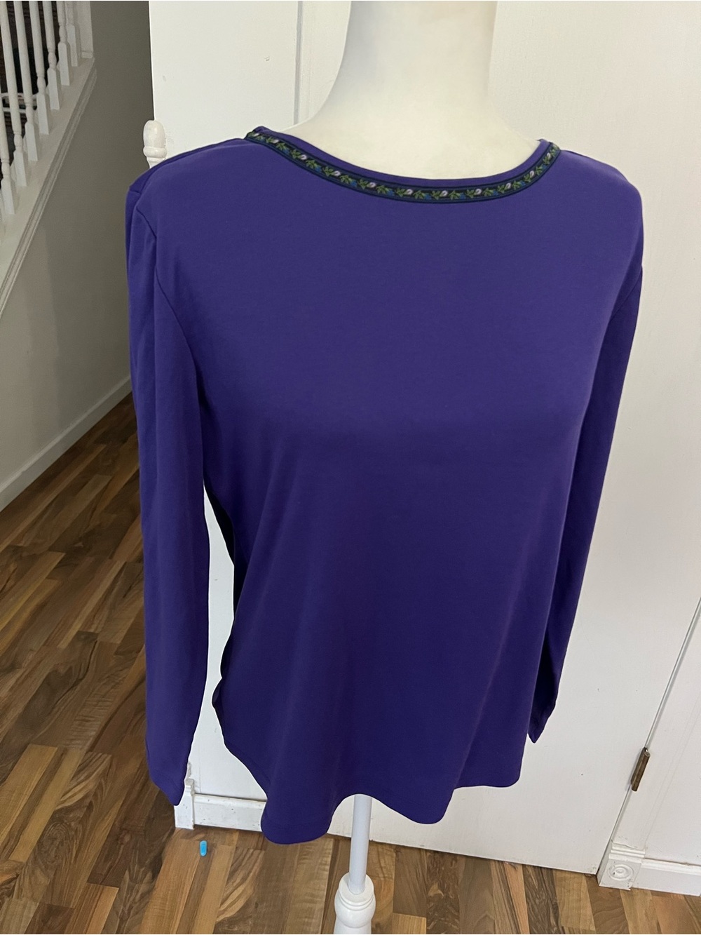 Vintage Purple Blue Violet Long-Sleeve Top Cottagecore Floral Ribbon Trim, Med